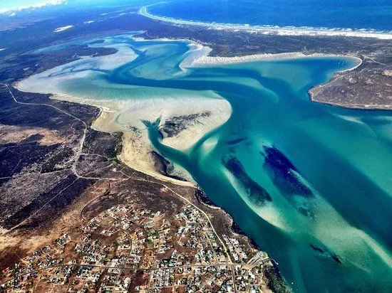 Iithe breathtaking view of langebaan over the lagoon with low tide, showing sand banks in the lagoon. The beauty of langebaan.